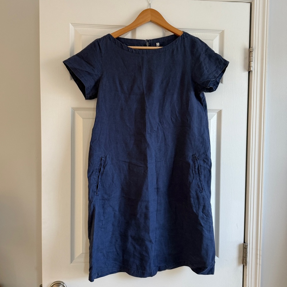 MUJI 100% Linen Shift Dress Women's M Blue Minimalist
